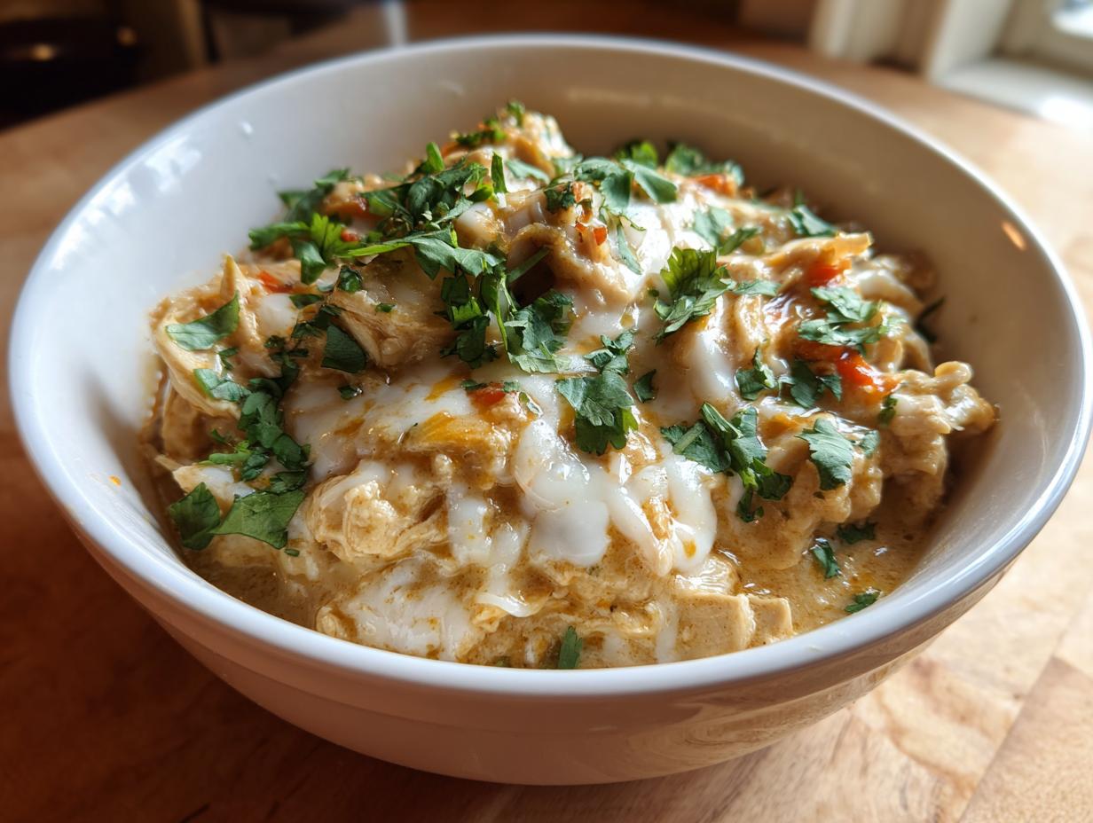 A close-up of a bowl filled with creamy keto white chicken chili, topped with melted white cheese and fresh cilantro.