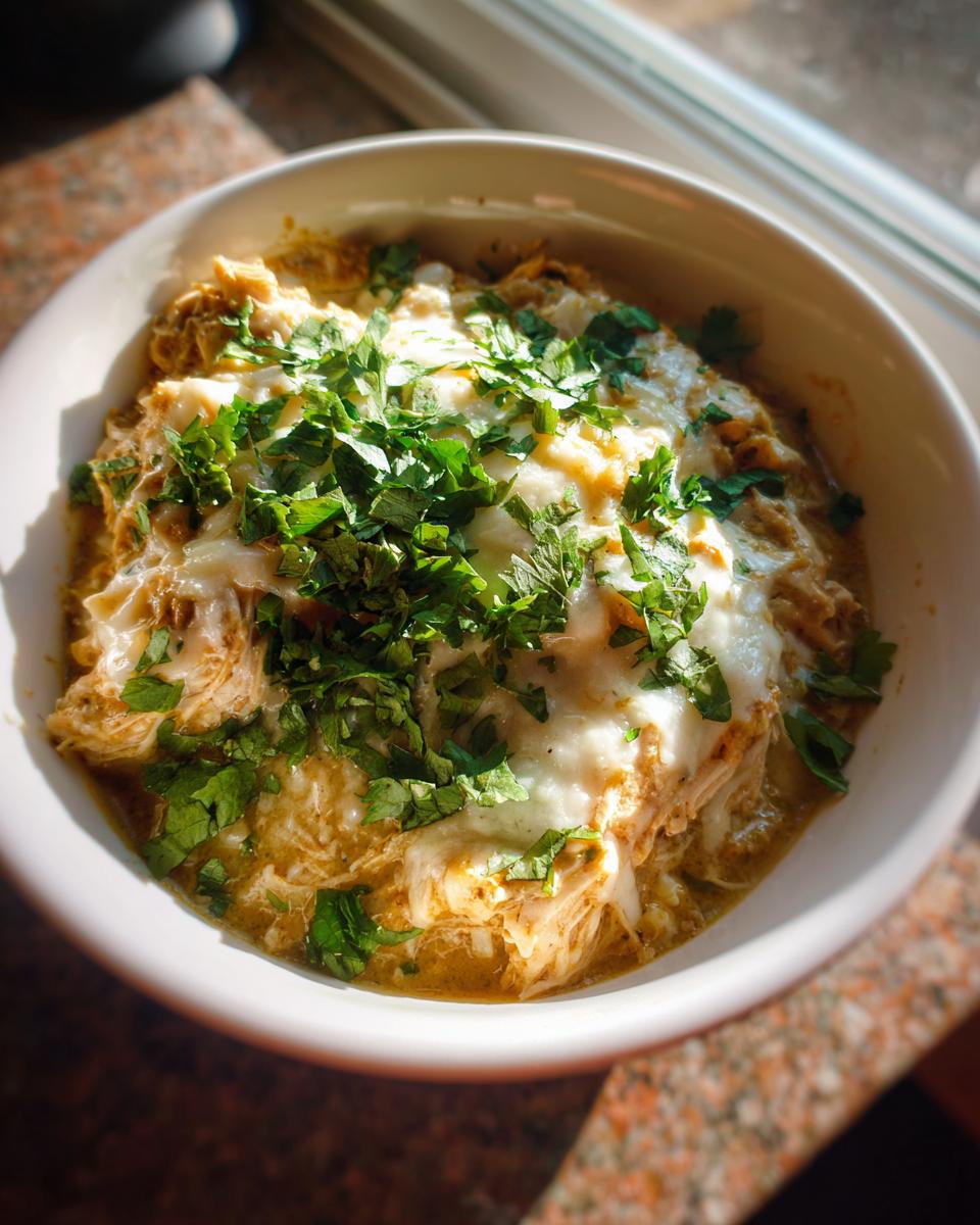 A close-up bowl of keto white chicken chili topped with melted white cheese and fresh chopped cilantro.
