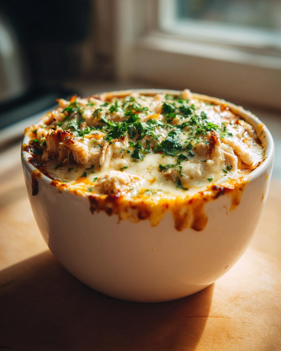 Close-up of cheesy, baked keto white chicken chili topped with fresh parsley in a white bowl.