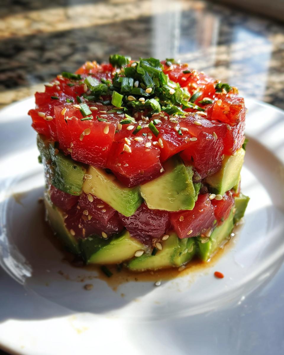 A beautifully plated, cylindrical serving of tuna tartare layered with bright green avocado chunks, topped with sesame seeds and chives.