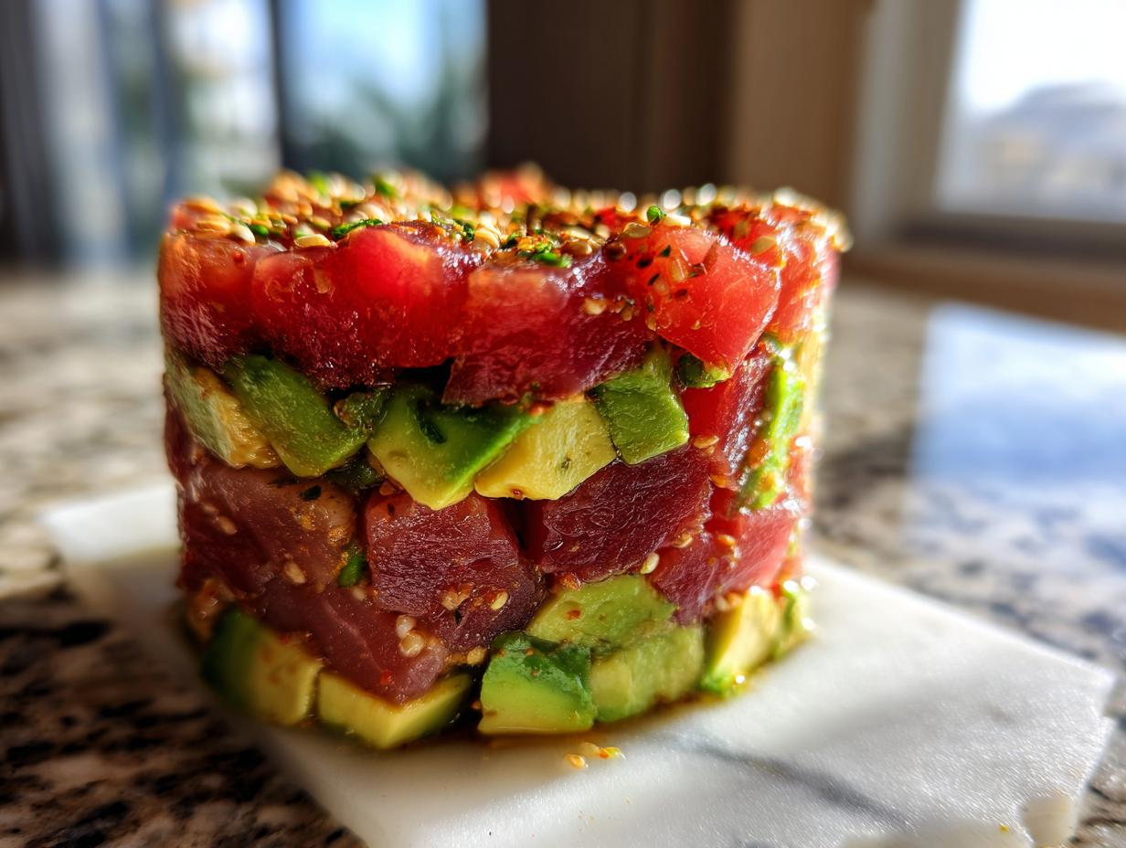 Close-up of a perfectly molded, layered tuna tartare tower featuring cubes of red tuna and bright green avocado, topped with sesame seeds.