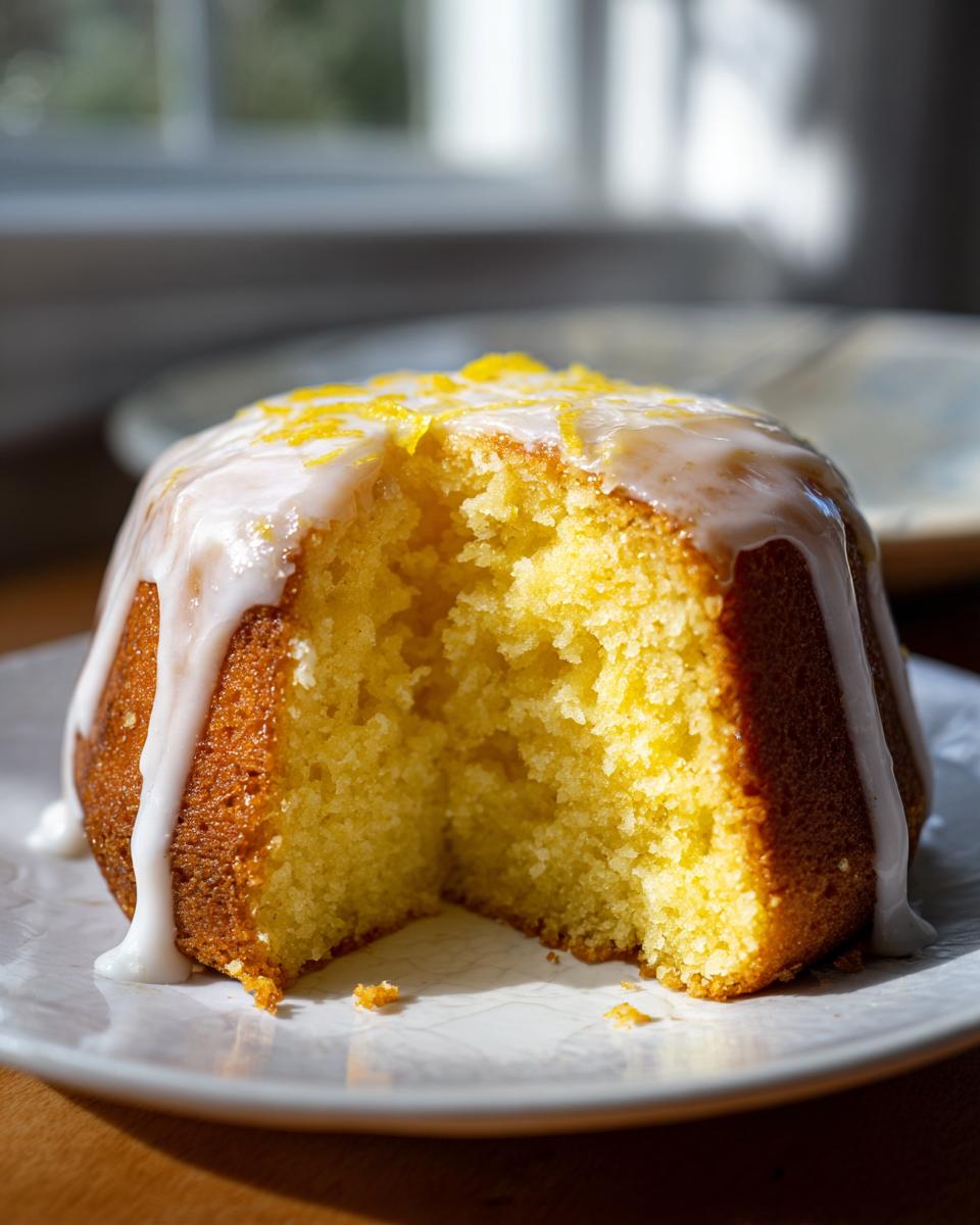 Close-up of a bright yellow lemon cake recipe slice, drizzled with white icing and lemon zest.
