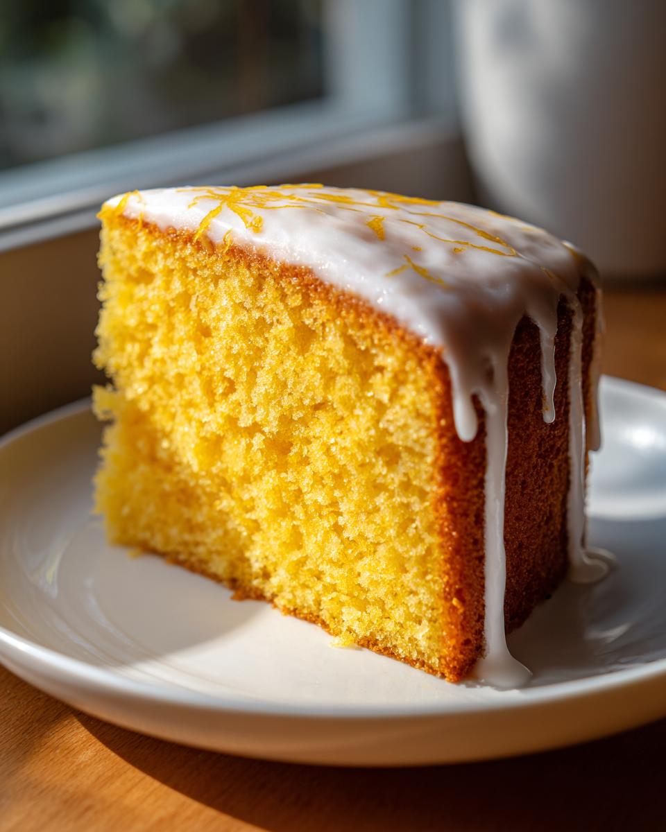 A moist, bright yellow slice of lemon cake recipe topped with white glaze and lemon zest.