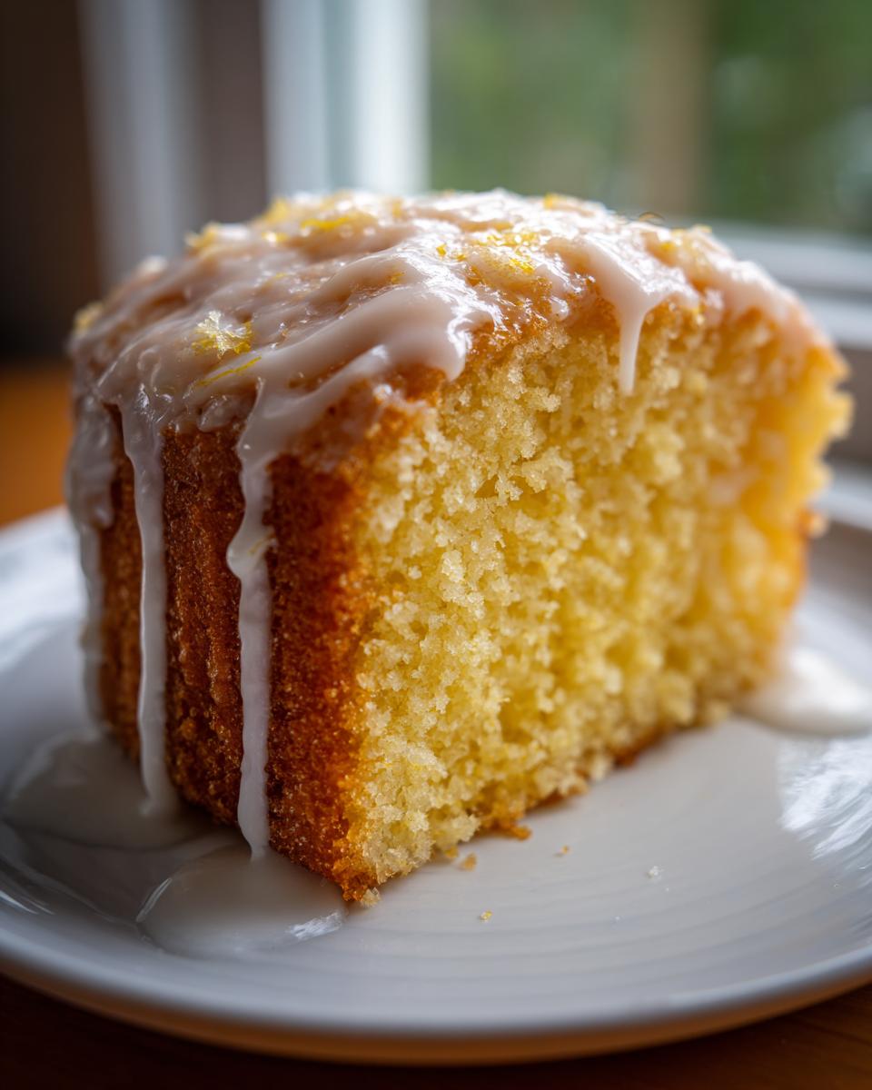 Close-up of a moist slice of lemon cake recipe topped with white glaze and lemon zest.