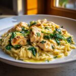 Close-up of creamy lemon chicken orzo pasta topped with seared chicken pieces and wilted spinach.