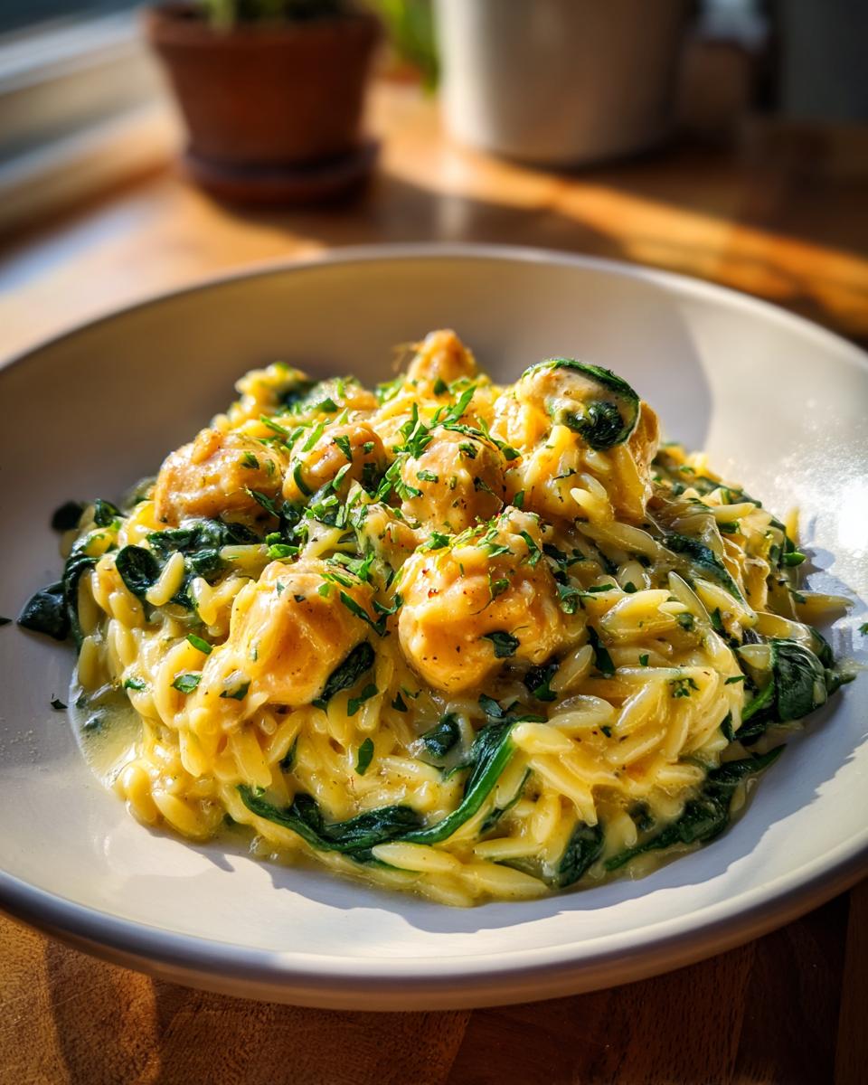 A bowl of creamy lemon chicken orzo mixed with wilted spinach and topped with fresh parsley.