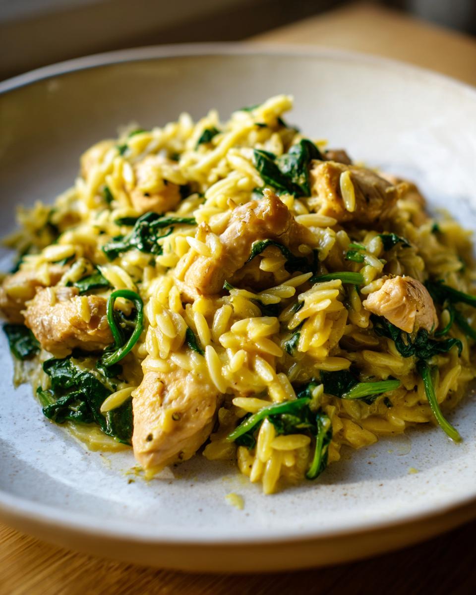 A close-up serving of bright yellow lemon chicken orzo mixed with wilted spinach and chunks of golden chicken.