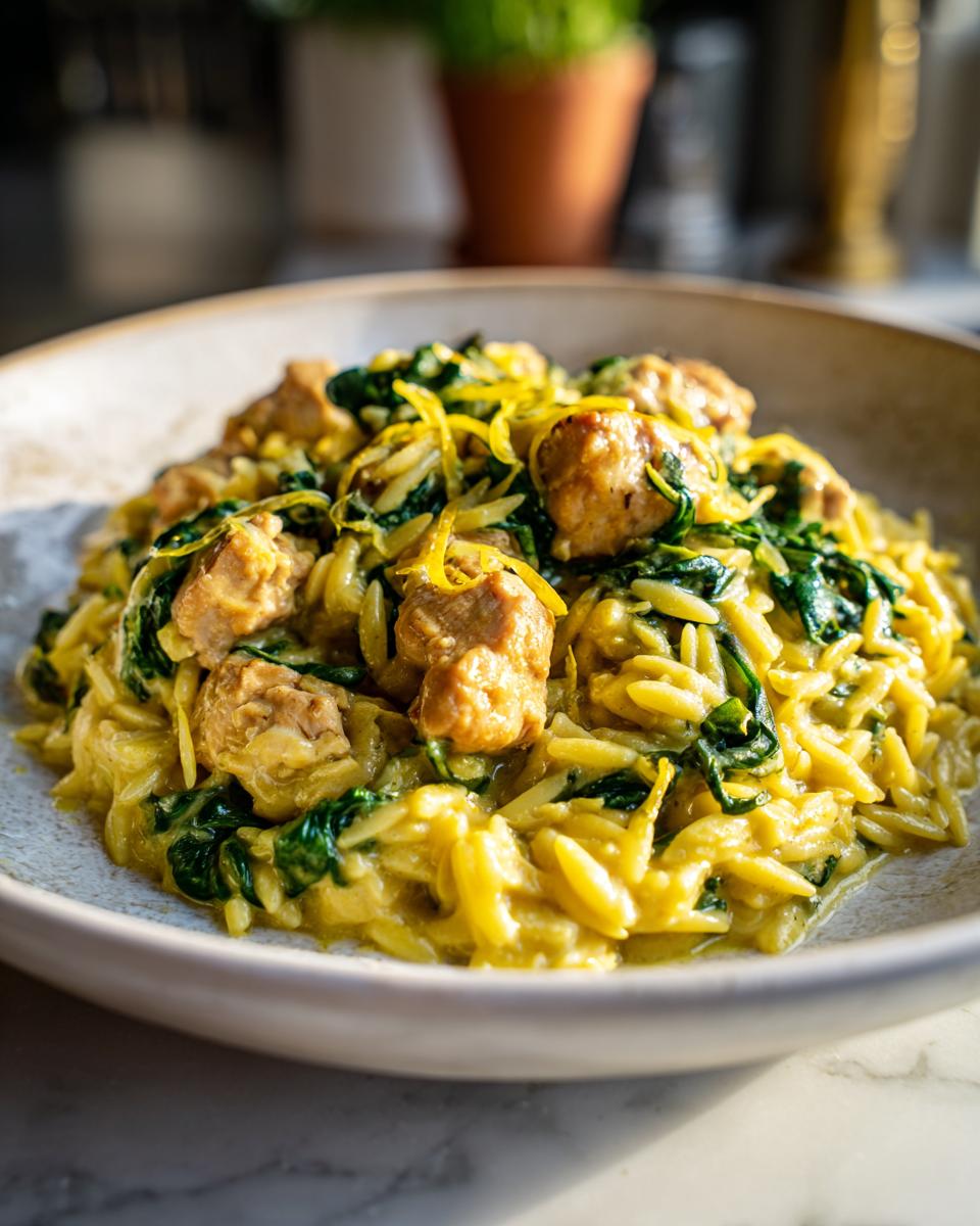 Close-up of creamy lemon chicken orzo mixed with wilted spinach and topped with bright lemon zest.