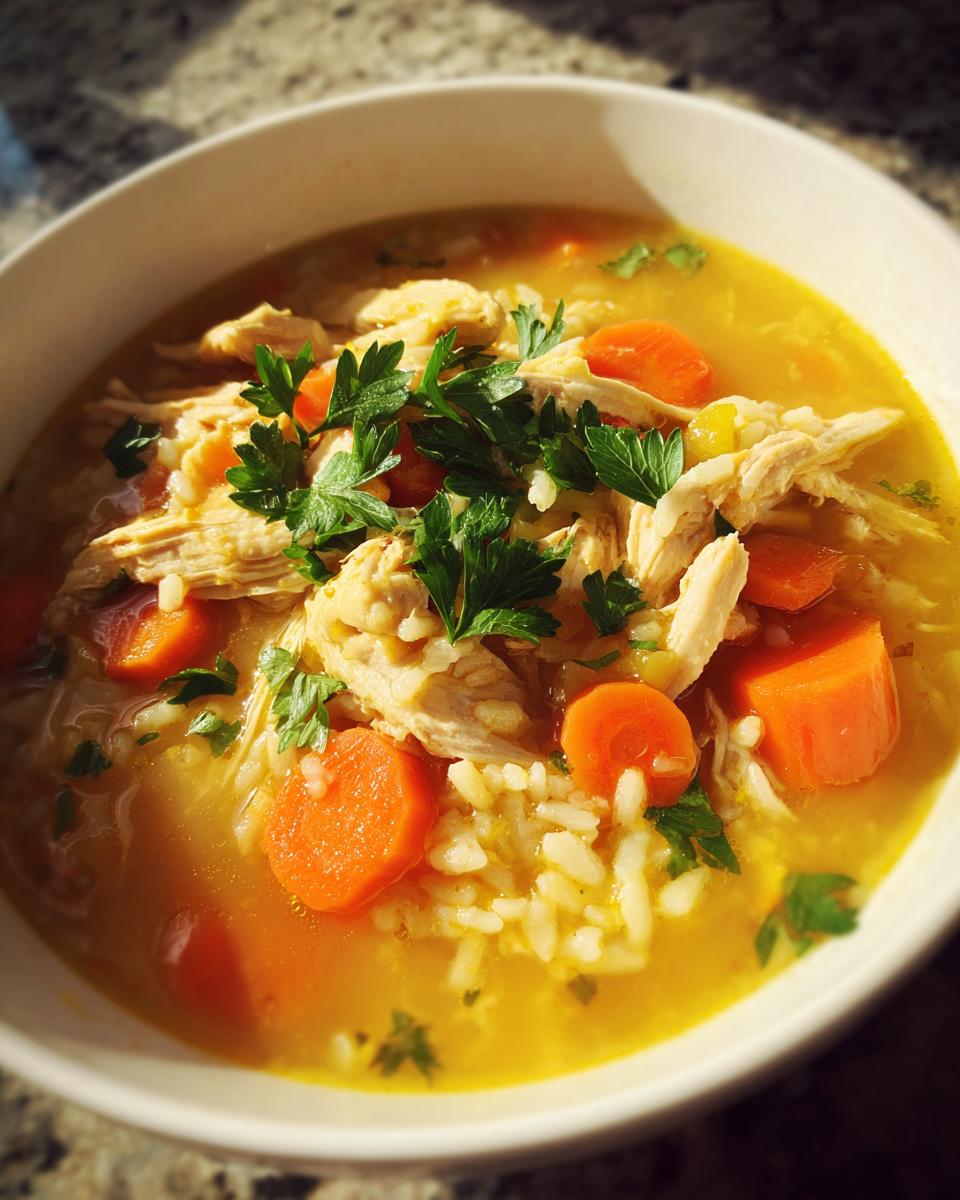 Close-up of a bowl of Lemon Ginger Turmeric Chicken and Rice Soup with shredded chicken, carrots, and parsley.