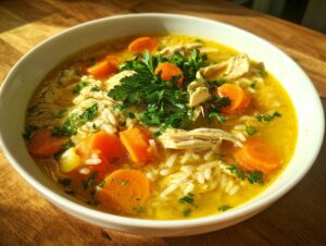 Close-up of a white bowl filled with vibrant yellow Lemon Ginger Turmeric Chicken and Rice Soup, featuring shredded chicken, rice, carrots, and parsley.