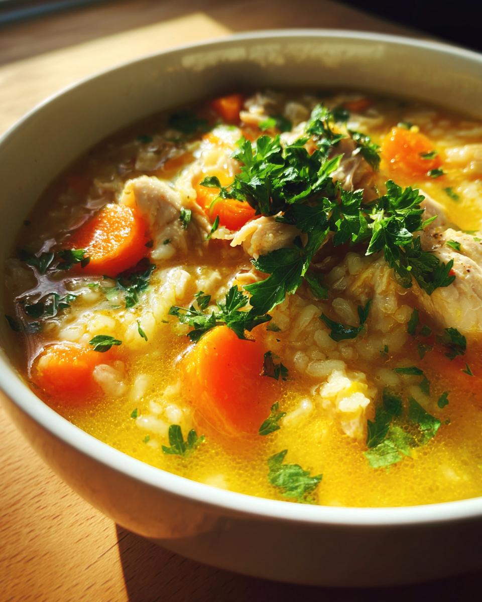 Close-up of a bowl of vibrant yellow Lemon Ginger Turmeric Chicken and Rice Soup with carrots and parsley.