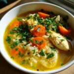 Close-up of a white bowl filled with Lemon Ginger Turmeric Chicken and Rice Soup, featuring broth, rice, chicken pieces, carrots, and fresh parsley.