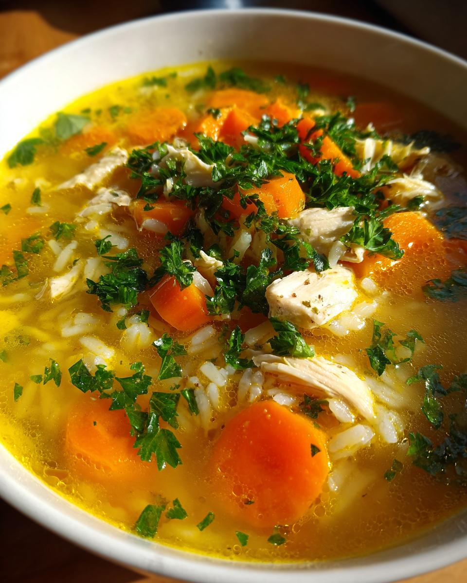 A close-up of vibrant Lemon Ginger Turmeric Chicken and Rice Soup with bright orange carrots, white rice, shredded chicken, and fresh parsley.