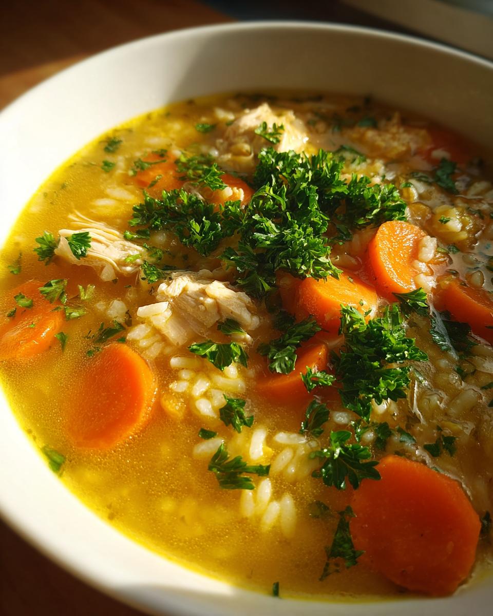 A close-up bowl of vibrant Lemon Ginger Turmeric Chicken and Rice Soup, featuring shredded chicken, rice, bright orange carrots, and fresh parsley garnish.