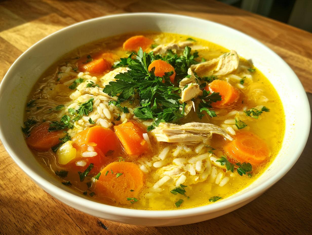 Close-up of a white bowl filled with vibrant yellow Lemon Ginger Turmeric Chicken and Rice Soup, featuring shredded chicken, rice, carrots, and parsley.
