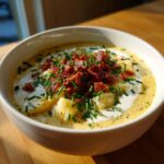 A close-up of a creamy bowl of loaded baked potato soup, topped generously with bacon bits and fresh chives.