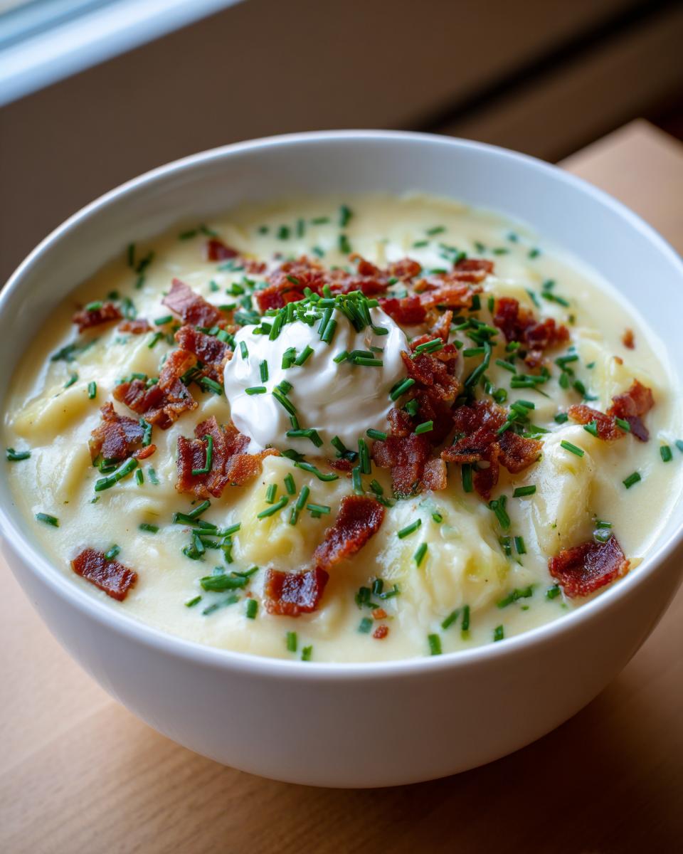 A close-up of a bowl of thick loaded baked potato soup topped with sour cream, crispy bacon bits, and fresh chives.