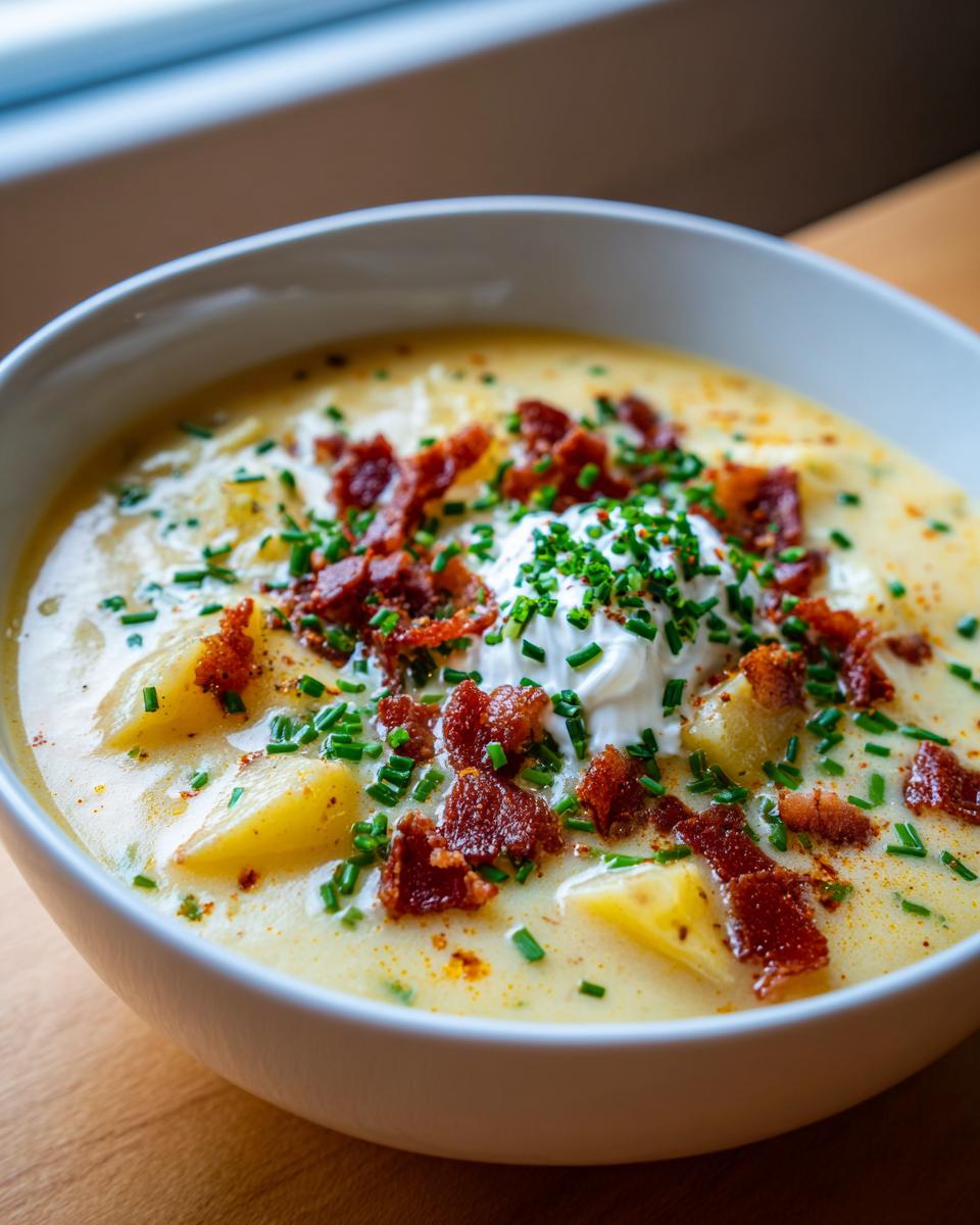 Close-up of a bowl of creamy loaded baked potato soup topped with bacon bits, sour cream, and fresh chives.