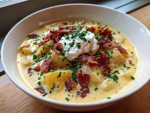 A close-up of a creamy bowl of loaded baked potato soup topped with bacon, sour cream, and chives.