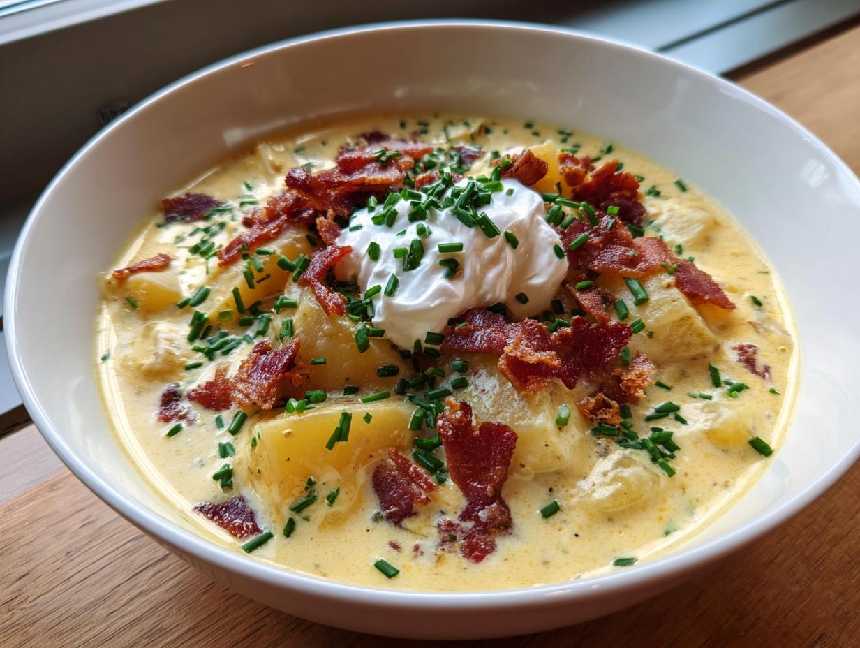A close-up of a creamy bowl of loaded baked potato soup topped with bacon, sour cream, and chives.