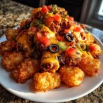 A close-up of a generous serving of tater tot nachos topped with seasoned ground beef, melted cheese, diced tomatoes, jalapeños, and black olives.