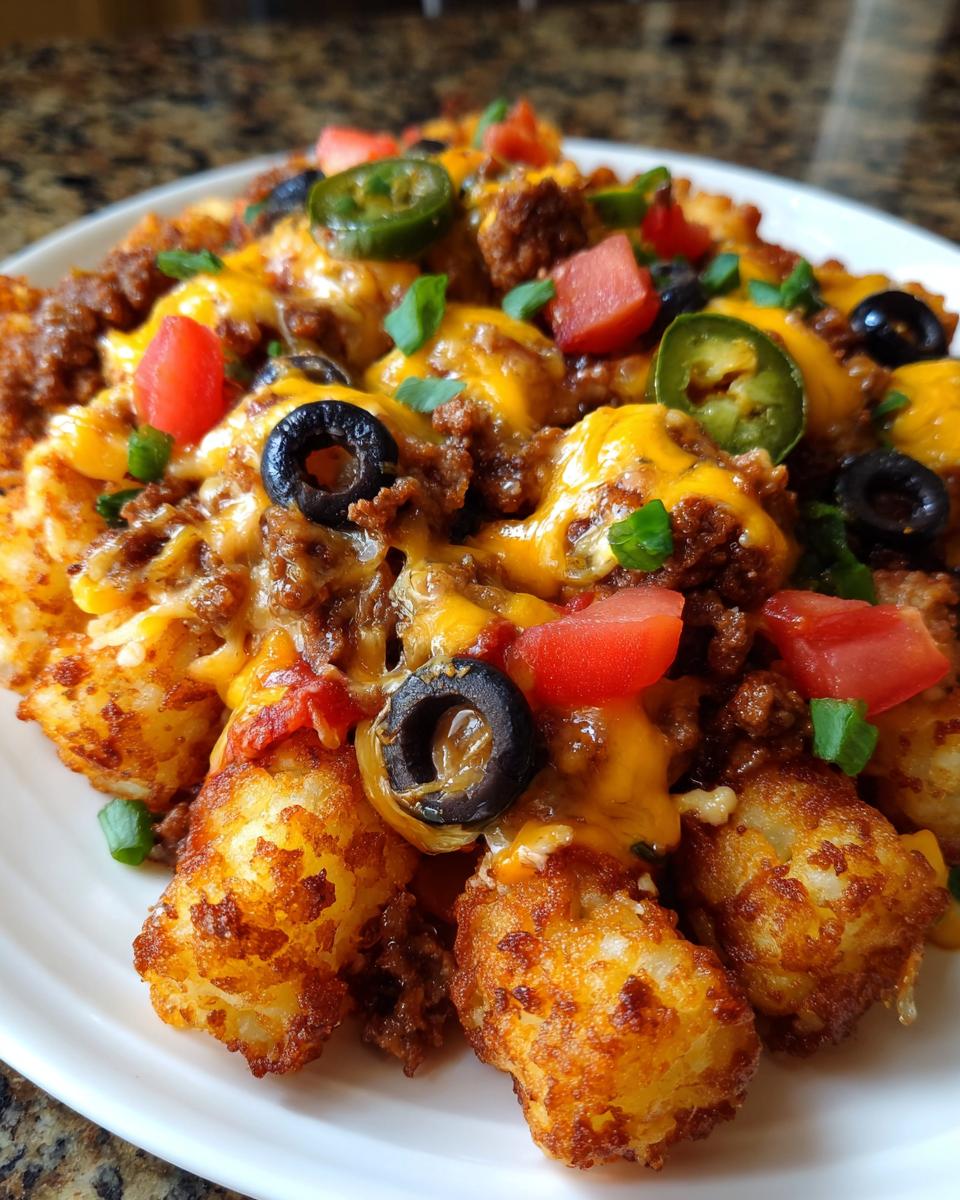 A close-up view of crispy tater tot nachos loaded with ground meat, melted cheddar cheese, black olives, tomatoes, and jalapeƱo slices.