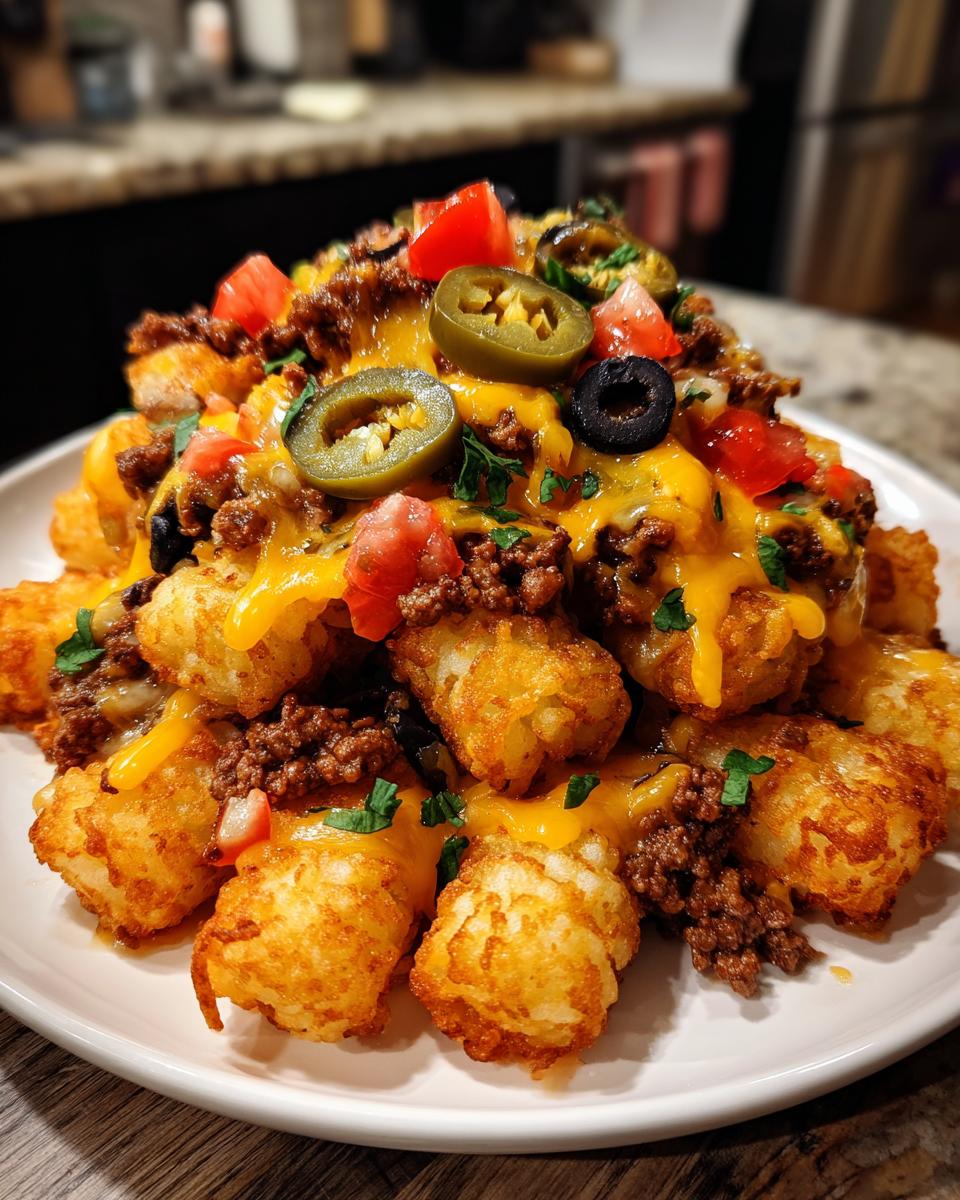 A generous serving of fully loaded tater tot nachos covered in melted cheese, ground beef, jalapeƱos, and tomatoes.