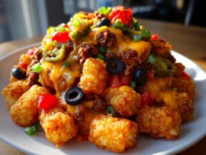 A close-up, appetizing shot of loaded tater tot nachos piled high with ground beef, melted cheddar cheese, jalapeños, and black olives.