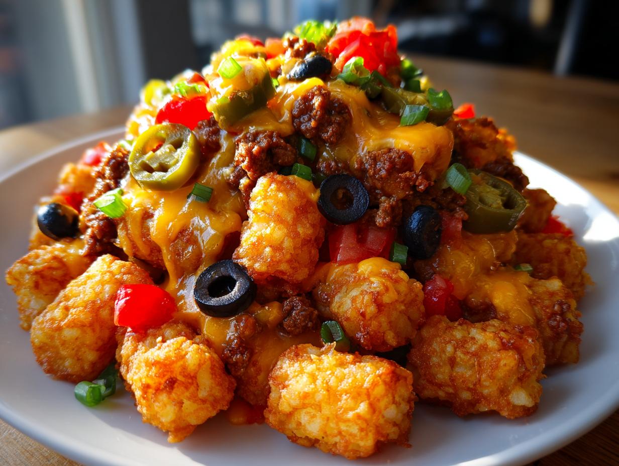 A close-up, appetizing shot of loaded tater tot nachos piled high with ground beef, melted cheddar cheese, jalapeños, and black olives.