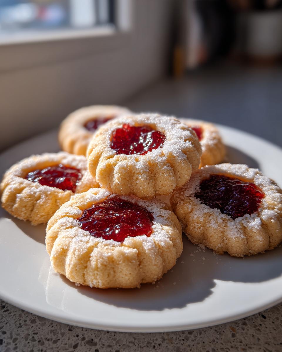 Close-up of several low-calorie thumbprint cookies filled with bright red jam and dusted with powdered sugar.