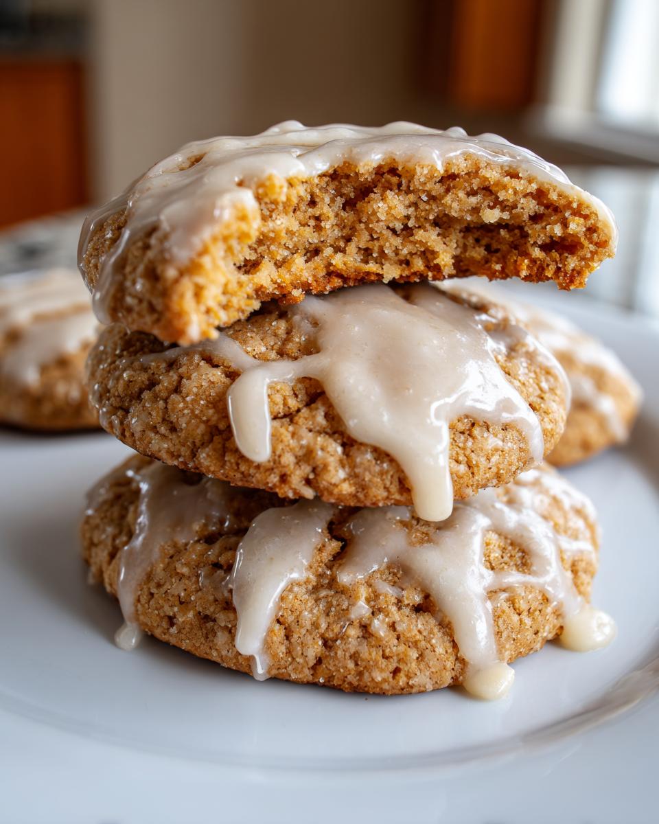 Stack of soft maple brown sugar cookies topped with a thick, dripping maple glaze.