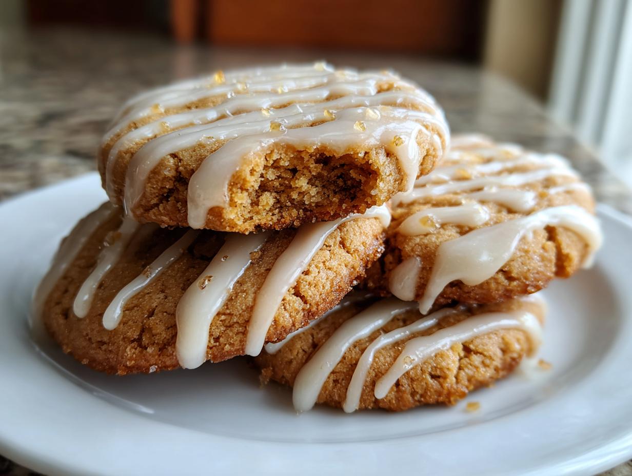 Stack of soft maple brown sugar cookies drizzled with white glaze, one cookie has a bite taken out.