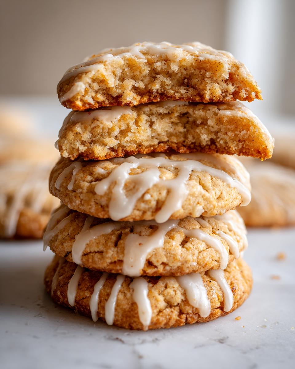 A stack of four soft maple brown sugar cookies drizzled with white glaze, one cookie broken open to show the chewy interior.