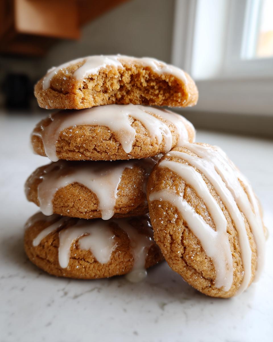 Stack of soft maple brown sugar cookies drizzled with white icing, one cookie broken open.