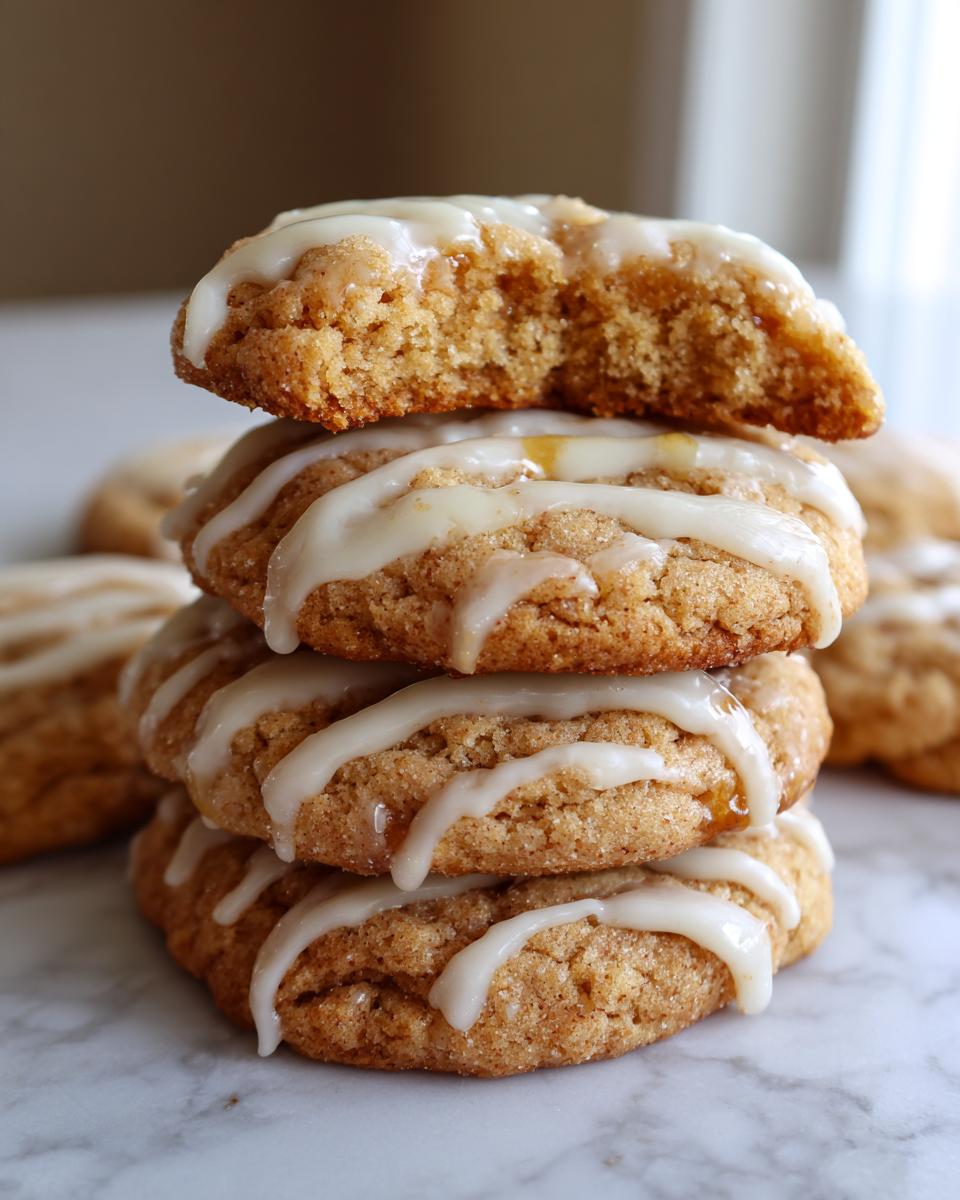 A stack of four soft maple brown sugar cookies drizzled with white glaze, one cookie on top is broken open.