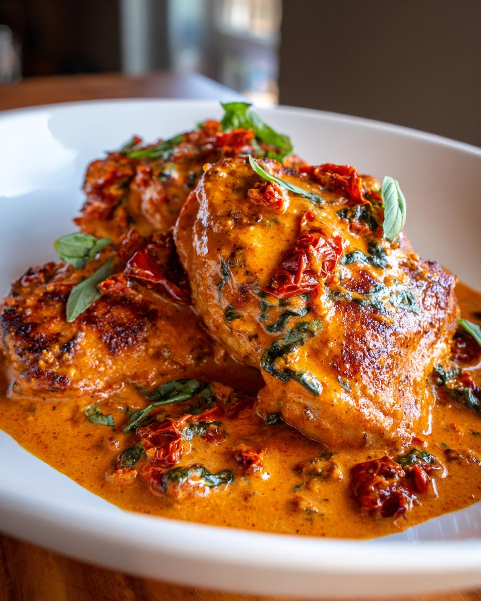 Close-up of pan-seared chicken breasts smothered in creamy sauce with sun-dried tomatoes and basil, perfect Marry Me Chicken.