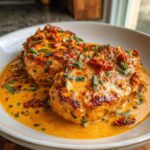 Close-up of two perfectly seared Marry Me Chicken breasts smothered in a rich, creamy sun-dried tomato sauce and garnished with fresh basil.