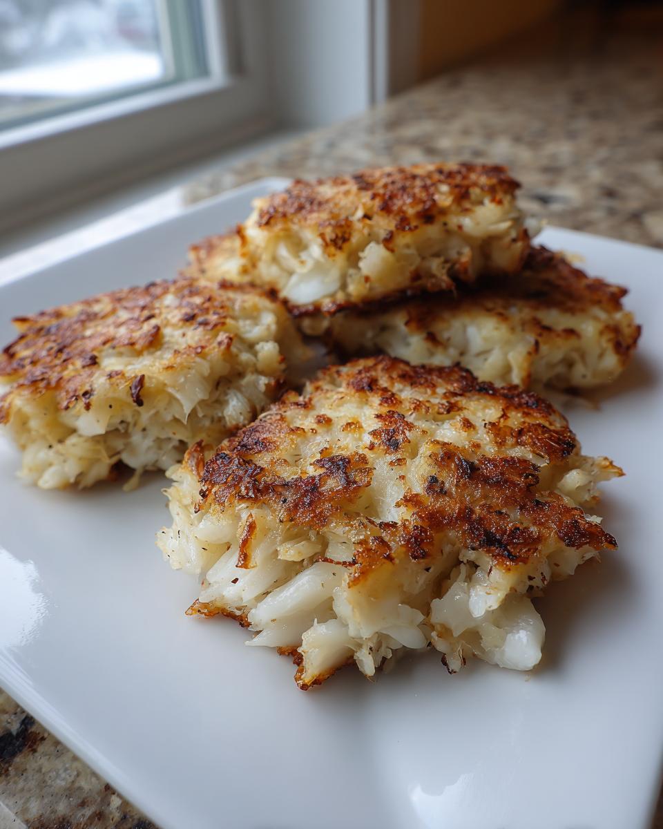 Close-up of several perfectly seared maryland crab cakes piled on a white rectangular plate.