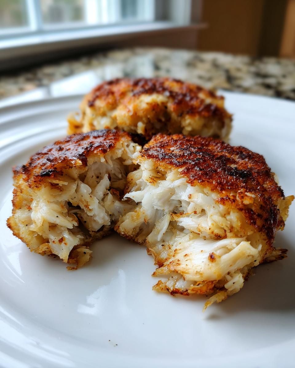 Close-up of a perfectly seared maryland crab cake broken open to show the flaky white crab meat inside.