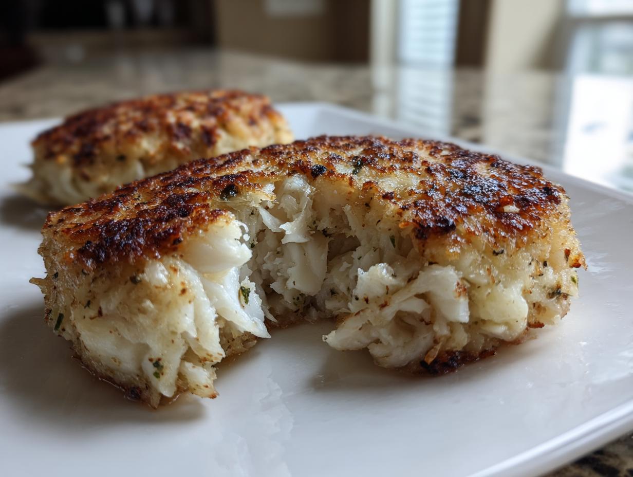 Close-up of a perfectly seared maryland crab cake broken open to show the flaky white crab meat inside.
