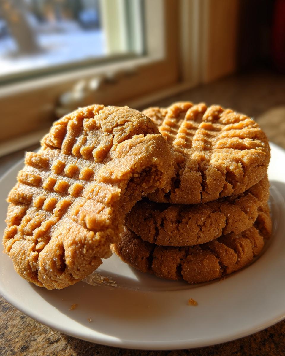 A stack of four classic peanut butter cookies with fork marks, one cookie is broken open, sitting on a white plate.