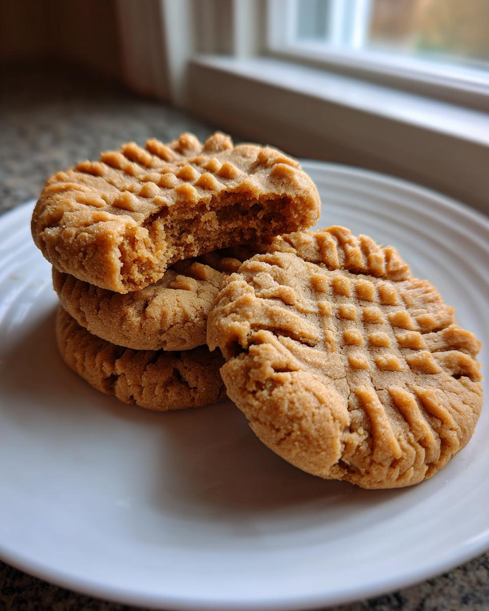A stack of classic peanut butter cookies with crosshatch fork marks, one cookie has a bite taken out.