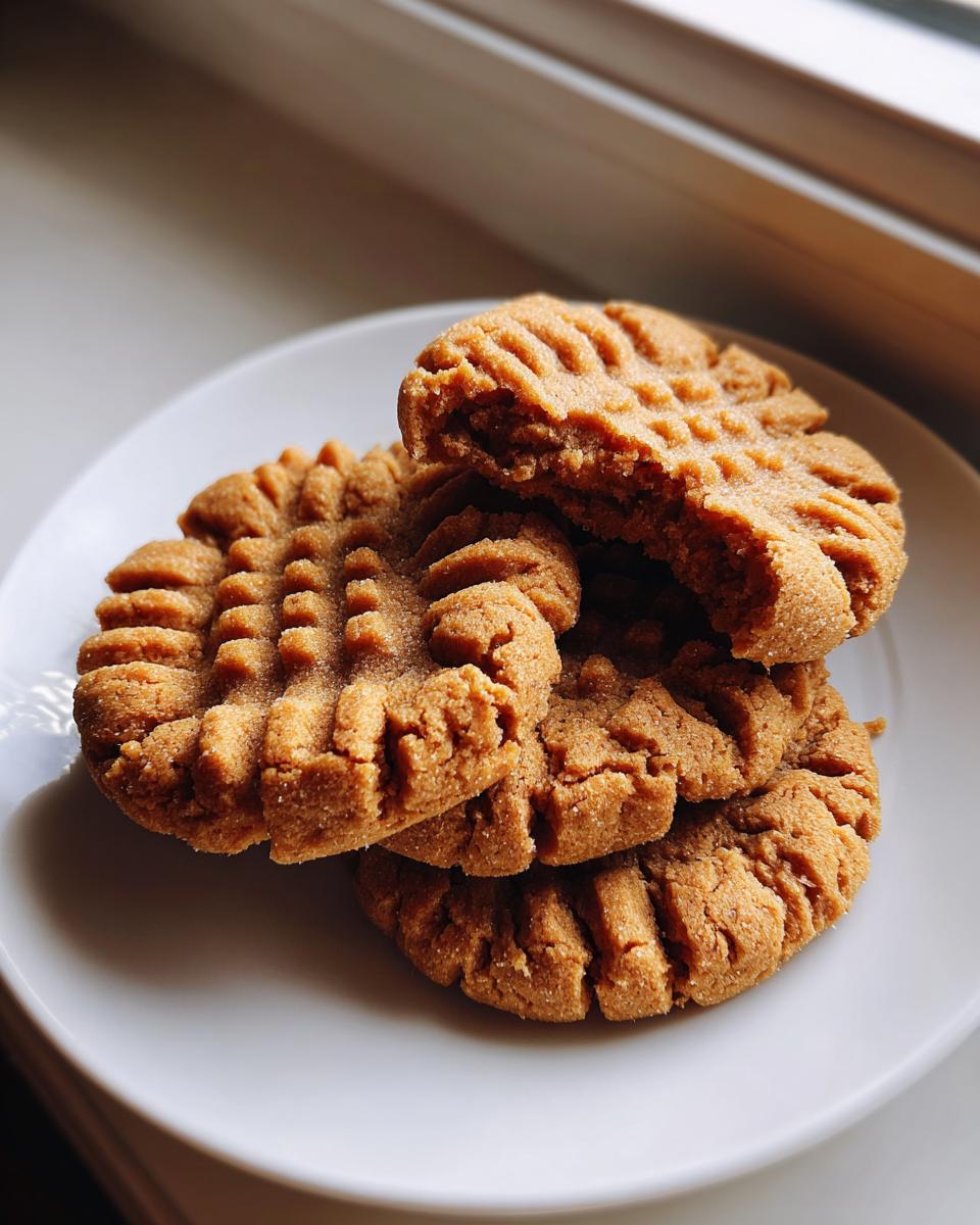 A stack of three classic peanut butter cookies, one broken open, showing the soft interior texture.