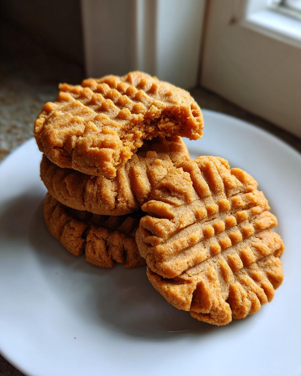 A stack of three classic peanut butter cookies with crosshatch fork marks, one cookie on top is broken open.