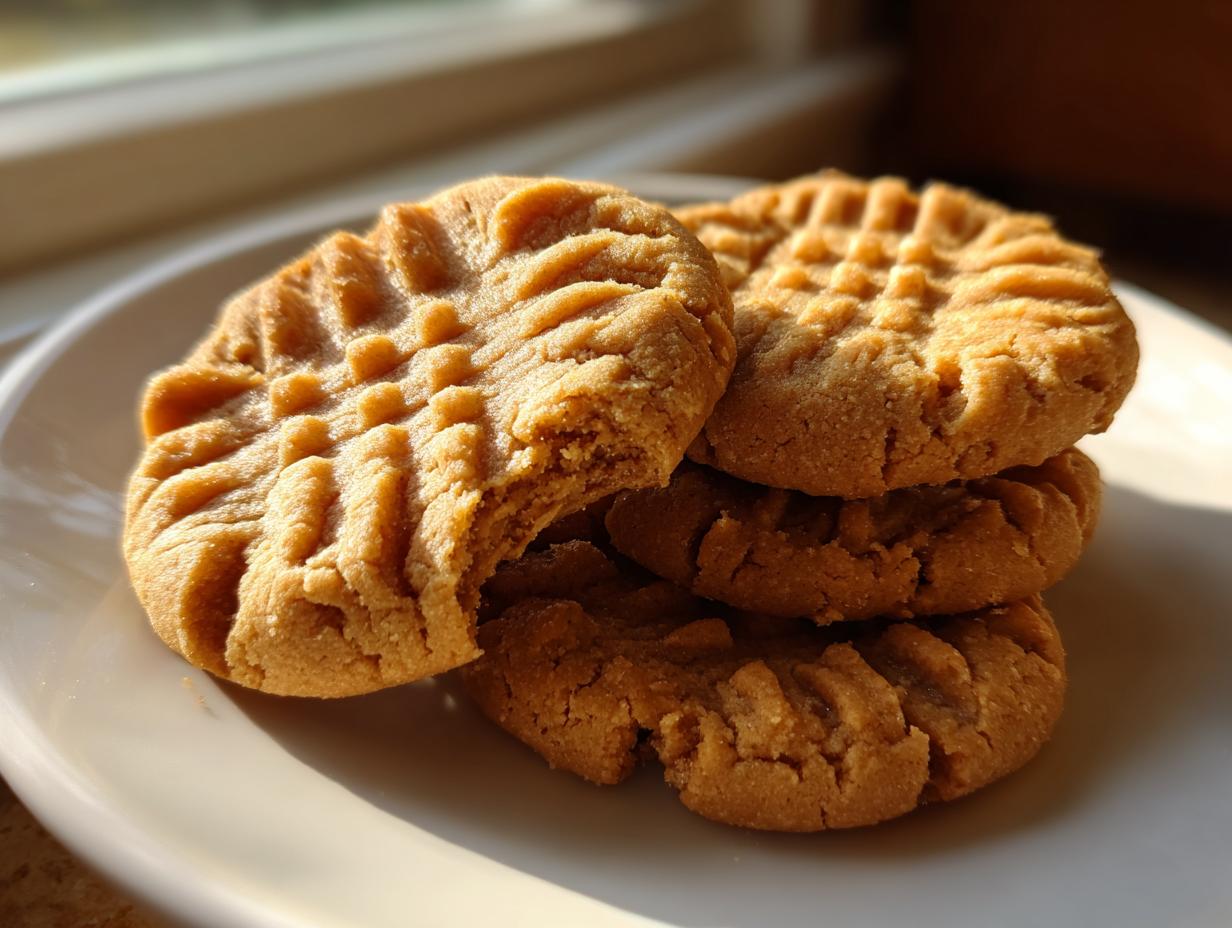 A stack of four classic peanut butter cookies with fork marks, highlighted by warm sunlight.