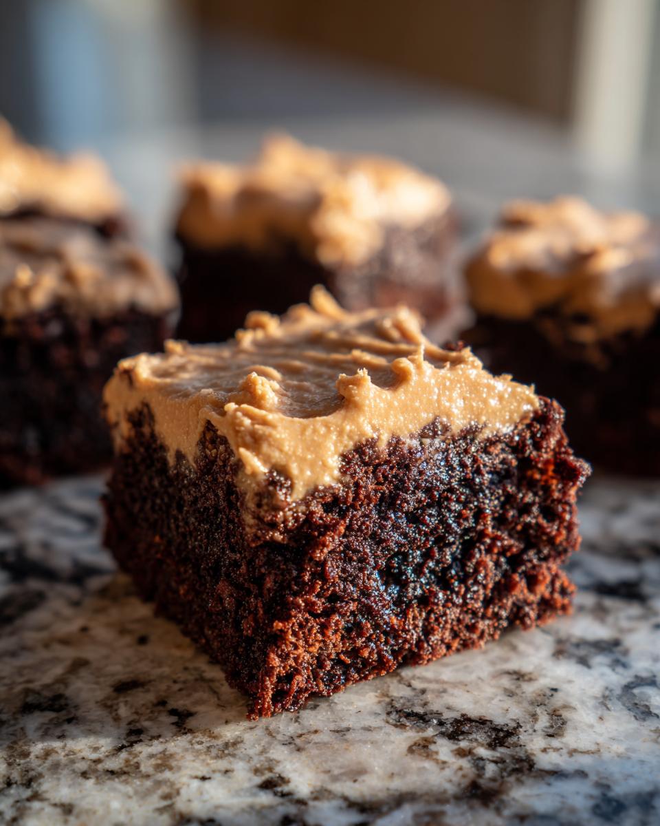 Close-up of a rich, dark chocolate banana bread brownies square topped with creamy peanut butter frosting.