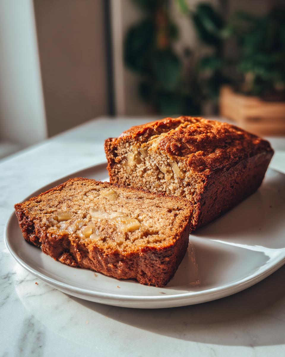 A moist slice cut from a loaf of hawaiian banana bread sitting on a white plate.