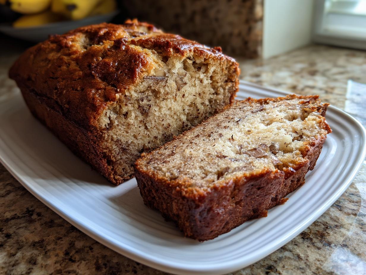 A moist, golden-brown Hawaiian banana bread loaf with one slice cut and resting beside it on a white platter.