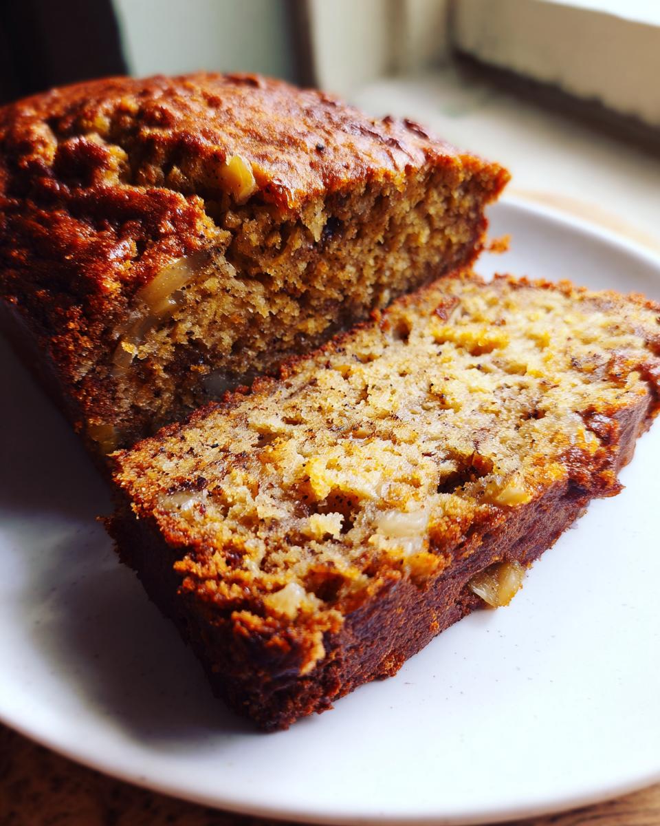 Close-up of a moist slice of hawaiian banana bread showing its rich brown crust and soft, speckled interior.