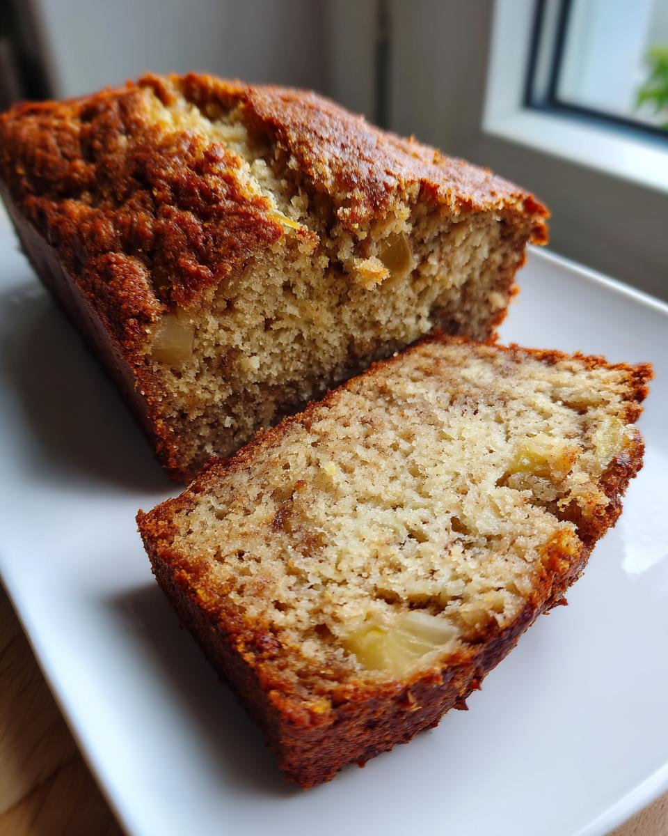 Close-up of a moist slice cut from a loaf of hawaiian banana bread, showing the texture and chunks of fruit.